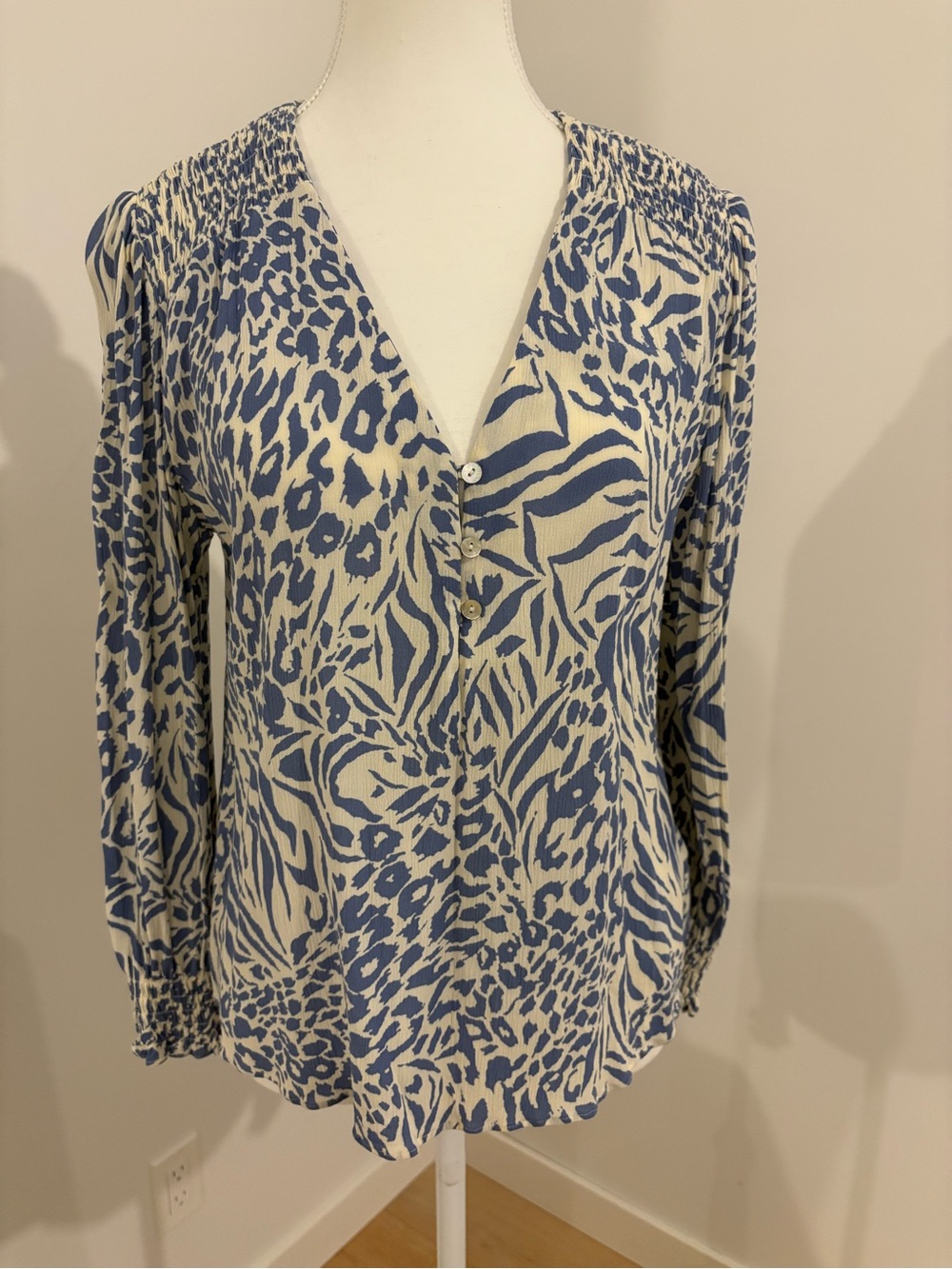 Rails Blue and Cream Animal-Print V-Neck Blouse